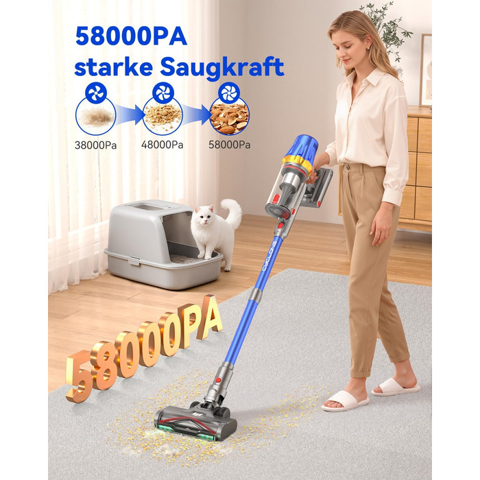 Бездротовий акумуляторний пилосос H9 58000Pa/650W з LED-екраном та турбощіткою для тварин, килимів та твердих підлог (блакитний)