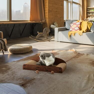 Cat Scratch Board, 66CM Durable Scratch Cardboard and Felt, Large Lounger, 2 Reversible Cat Scratch Pads for Cats, Recyclable Cardboard Cat Bed with Bell Ball Toy, Caramel Color (Medium Size)