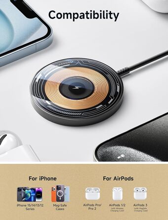 Бездротовий зарядний пристрій JSAUX MagSafe 15W для iPhone 17 Air Pro Max, iPhone 16/15/14 13 12, AirPods 3/2, Синій (прозорий)