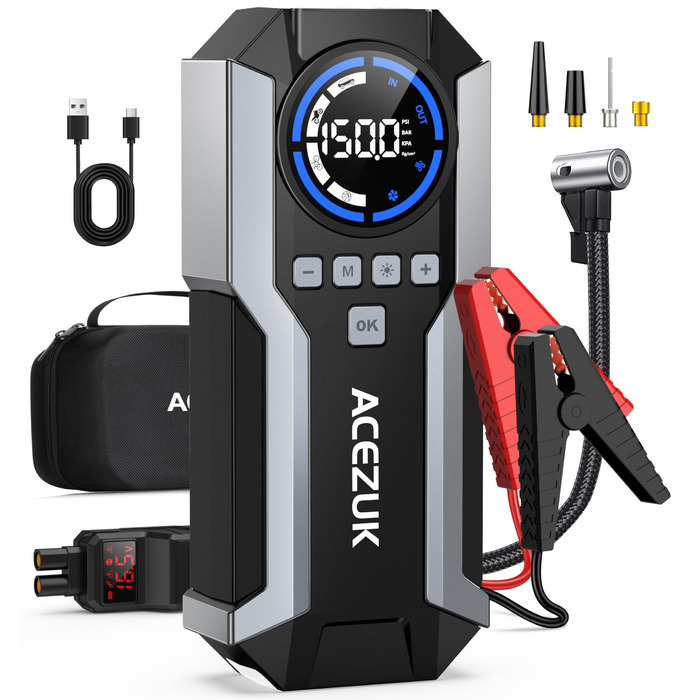 Портативний пусковий пристрій Starthilfe Powerbank для автомобіля з компресором 150PSI, 12V, 6000A, LED-ліхтарик