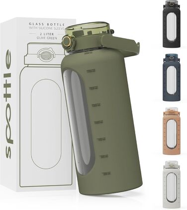 Glass Bottle 2 Liter - Drinking Bottle 2L Glass with Straw - Large Water Bottle with Silicone Sleeve - Leak-proof - Dishwasher-safe - BPA-free