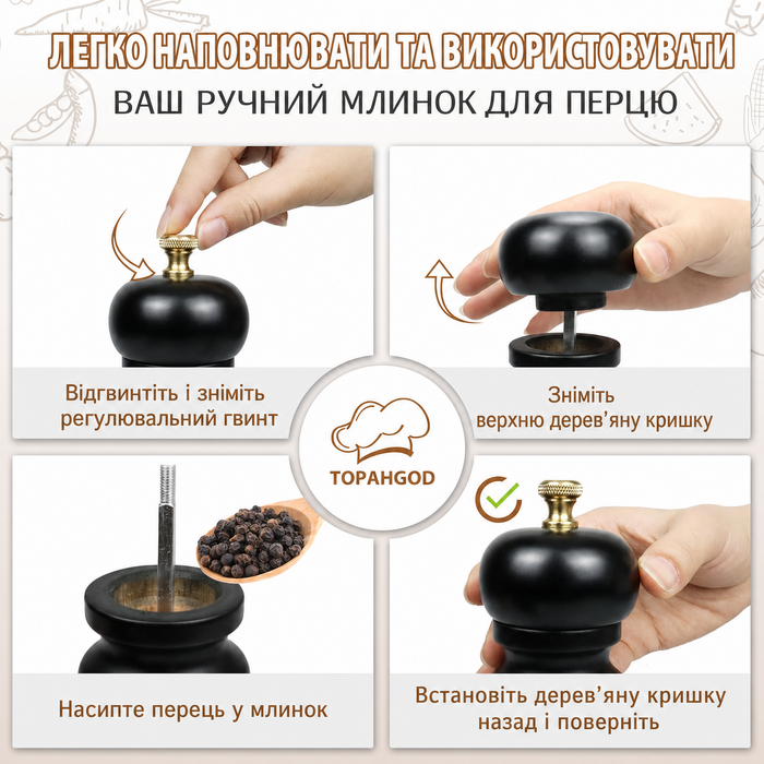 Набір для солі та перцю, ручні млини для перцю та солі, чорний колір, дерев'яні, з регульованою керамічною жорною (від дрібного до грубого помелу), 6,5 дюймів, для морської солі, чилі, грубої солі, матовий чорний, 2 шт.