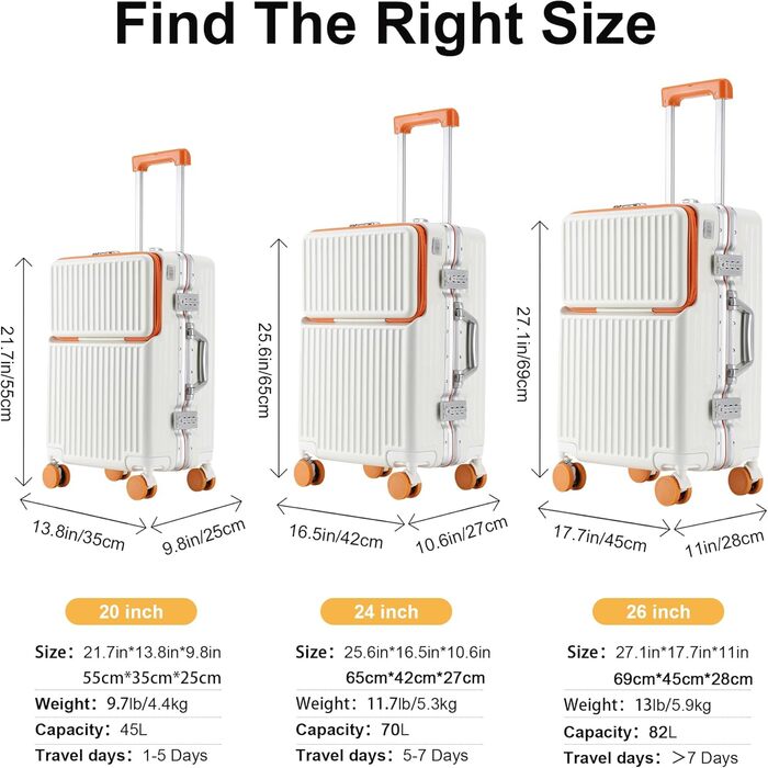 Чемодан ручної поклажі для весни/літа, відповідає вимогам авіакомпаній, з TSA-замком, 360° колесами, PC-корпусом та міцним алюмінієвим каркасом, підходить для розмірів 20'', 24'' та 26''