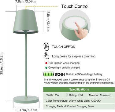 Світлодіодний акумуляторний настільний світильник K-Bright з димером, зелений (2 шт.) | Для дому та вулиці | Тепле біле світло 3000K | Зарядна станція