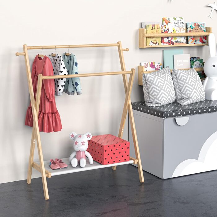 Kids' Clothes Rack, Small Clothes Rack for Toddlers and Pets, Dress-Up Rack with Shelf and Double Rods, Foldable Clothes Rack for Kids' Rooms (Standard Size)