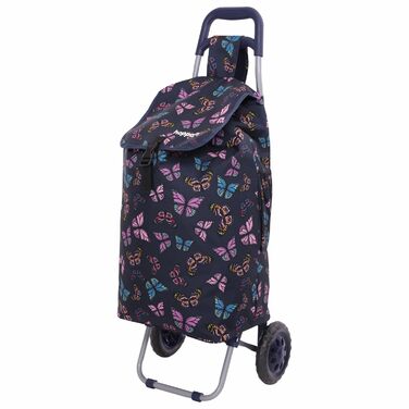 Hoppa 57L Shopping Trolley Large Shopping Roller Waterproof Shopping Cart Wagon (Black Flamingos) (Navy Blue Butterflies)