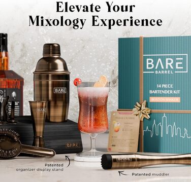 Набір для приготування коктейлів Mixology Barkeeper - 14 предметів: шейкер для Мартіні, професійний барний інвентар, стійка з бамбука, рецепти, подарунковий набір (латунь, 700 мл)