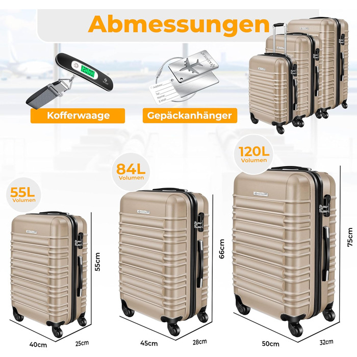 Набір валіз KESSER® 3шт з ABS-пластику: велика, середня, маленька, з телескопічною ручкою, ваговою шалькою та замком, 4 колеса, колір шампань