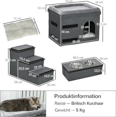 Кігтечка PawHut для котів та собак: будиночок з драбиною, 2 миски, м'яке ліжко, сірий, 78x48x49.5 см