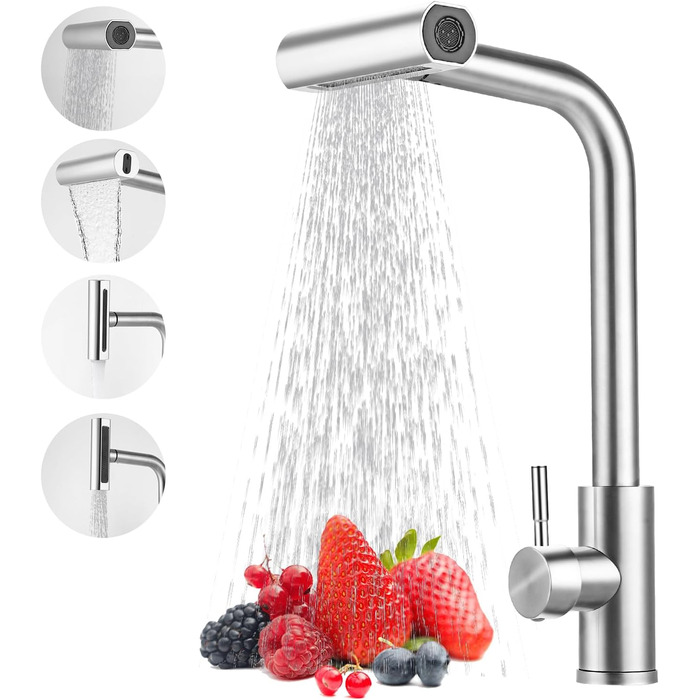 Висувний змішувач для кухні з 4 режимами – нержавіюча сталь, водоспад, високий тиск, 3/8 дюйма, для мийки