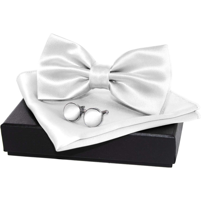 Метелик чоловічий JEMYGINS регульований, шовковий, однотонний (білий) + Манжети + Хустинка в подарунковій коробці