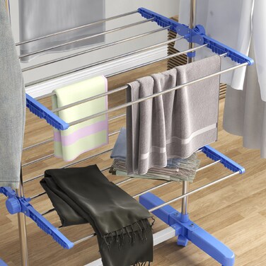 HOMCOM Clothes Rack with Wheels, Clothes Dryer Tower, 2-Tier Folding Wings, Standing Dryer Made of Steel in Blue for Space-Saving Drying