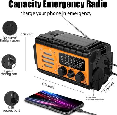 Радіо на ручному валу з сонячною панеллю, 20000 mAh Powerbank, AM/FM/SW/WB радіо погоди, 4 джерела живлення, ліхтарик, USB-C зарядний пристрій & SOS-сигнал, водонепроникне (IPX6) для відпочинку на природі, кемпінгу, будівельних майданчиків, помаранчеве