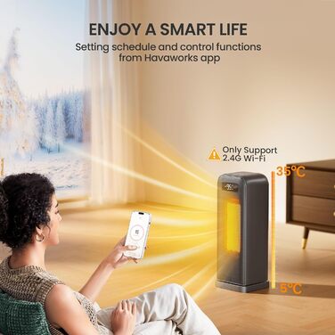 Електричний обігрівач 1500W, керамічний, тихий, з таймером 12 годин, осциляція 70°, захист від перегріву та перекидання, сумісний з Alexa & Google Assistant, чорний, 1 шт. + 4 режими