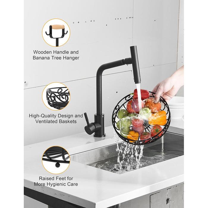 Двоярусний кошик для фруктів Couwilson з підвіскою для бананів та дерев'яною ручкою - органайзер для фруктів, овочів, хліба, цибулі, картоплі (Чорний)