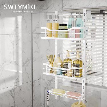SWTYMIKI Adjustable Hanging Shower Shelf - No-Drill Shower Shelf for Glass Door, Stainless Steel Shower Shelf with Hooks and Soap Holder, Shampoo Holder for Shower, White