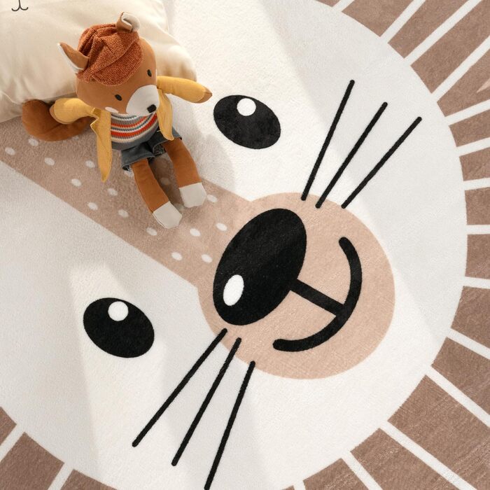 Дитячий килим Paco Home, круглий, 120 см, кремовий, ігровий, нековзкий, для дитячої кімнати, з місяцем, коалою та левом
