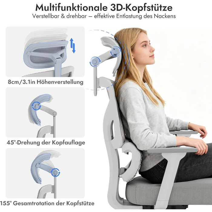 Ергономічне крісло для офісу та геймінгу з регульованою підголівником та 3D підлокітниками, підтримкою попереку, сіре
