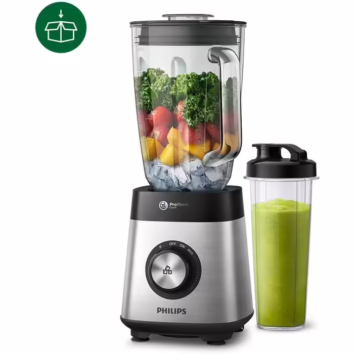 Блендер Philips Standmixer 1000Вт, 2 л скляна чаша, ProBlend Crush, змінна швидкість, додаток HomeID, смузі-мейкер з чашею для напоїв (HR3573/90)