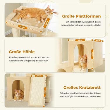 PETEPELA Scratching Post with Dual Condos for Apartment Cats, All-in-One Cat House with Padded Perch, Scratch Ramp and Posts, and Interchangeable Balls (Beige, L 113cm)