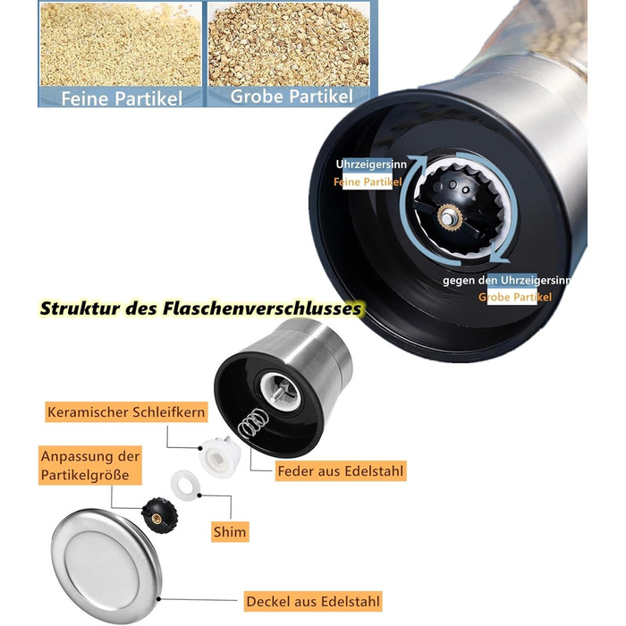 Набір з 2 мельниць для солі та перцю - сталеві та скляні з регульованим керамічним жорном, з можливістю поповнення, для солі та перцю