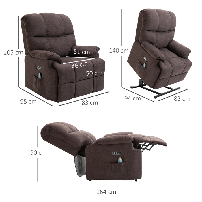 HOMCOM Massaging Chair with Stand-Up Assist, Electric Recliner with 8 Vibration Massage Points, Adjustable TV Chair, USB Interface, Velvet Dark Brown