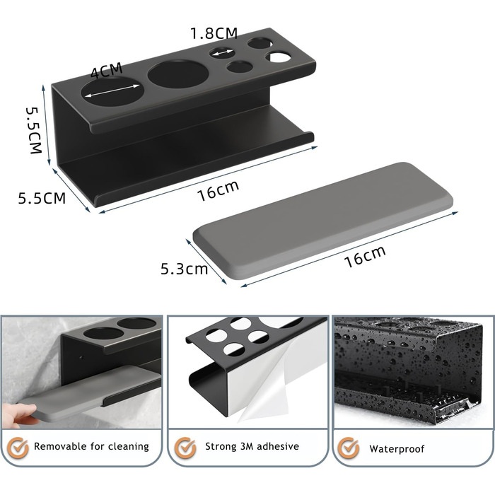 Настінний тримач для електричної зубної щітки з органайзером для пасти, 4 відділення, чорний