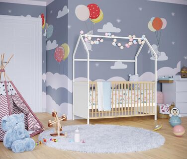 Bellabino Nika Babybett in Hausoptik 70 x 140 cm, crib and house bed for children and babies made of solid pine wood in blue, 3-fold height adjustable including slatted base.