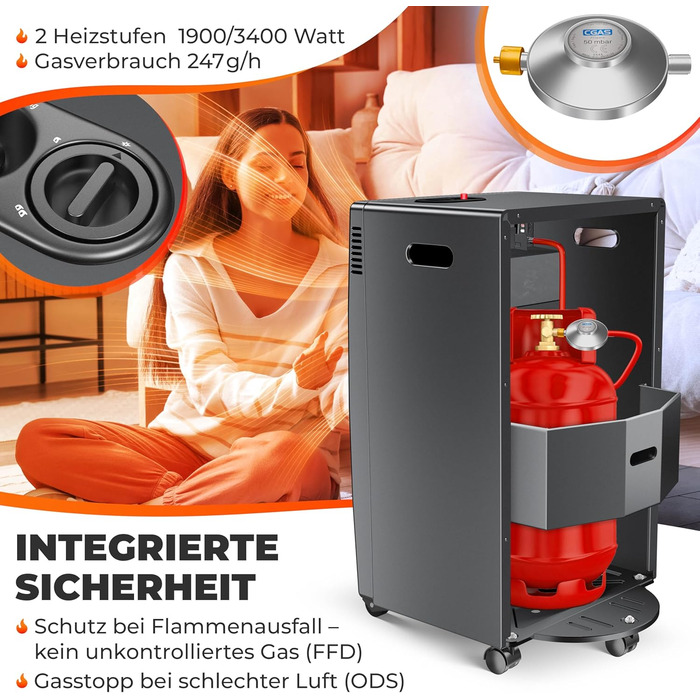 Газовий обігрівач KESSER® - газовий камін з інфрачервоним нагрівачем, 3.4 кВт, 2 режими, з газовим редуктором та шлангом, для бутану/пропану, антрацит