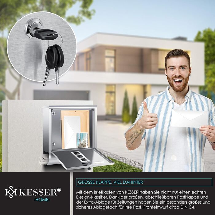 Поштова скринька KESSER® з газетницею та табличкою для імені, нержавіюча сталь, полірована, з оглядовим вікном, замок на 3 ключі, порошкове покриття, для настінного монтажу, велика, срібляста + матеріал для монтажу
