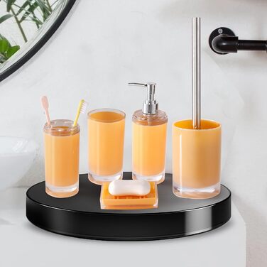 Acrylic Bathroom Accessories Set, Lotion/Soap Dispenser, Soap Dish, Toothbrush Holder, Tumbler, Toilet Brush and Holder, Modern Bathroom Decor and Housewarming Gift Set, Orange, 5-Piece