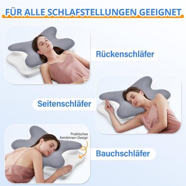 Подушка для шиї Ehomfory з піни Memory Foam, ергономічна для сну на боці, спині та животі, 67x37x9/12 см, сіра