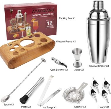 Cocktail Set, Stainless Steel Cocktail Shaker Bar Set, 12-Piece Cocktail Mixer Set with Wooden Stand, Measuring Cups and Bar Spoon, 750ml Shaker Cocktail Set for Home or Bar
