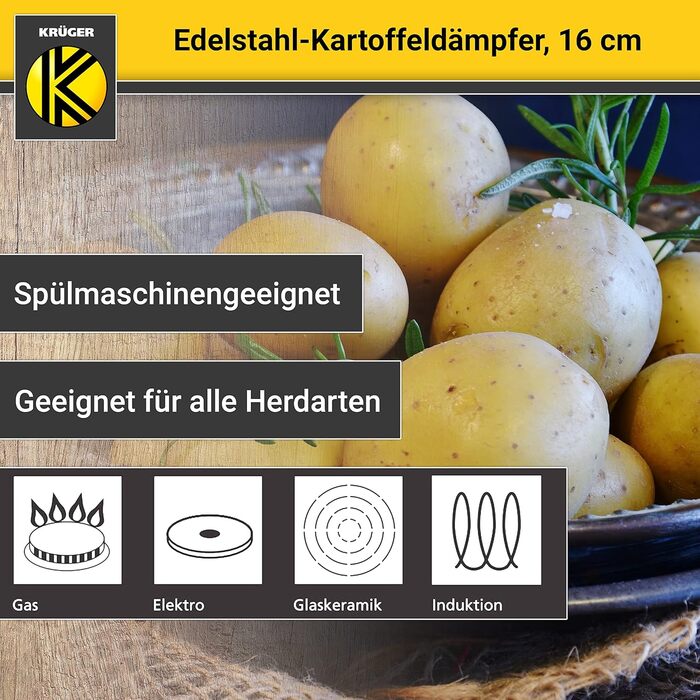 Каструля-пароварка для картоплі Krüger з нержавіючої сталі з кришкою, біо-пароварка з зручним краєм для виливання та енергозберігаючим капсульним дном, 16 см