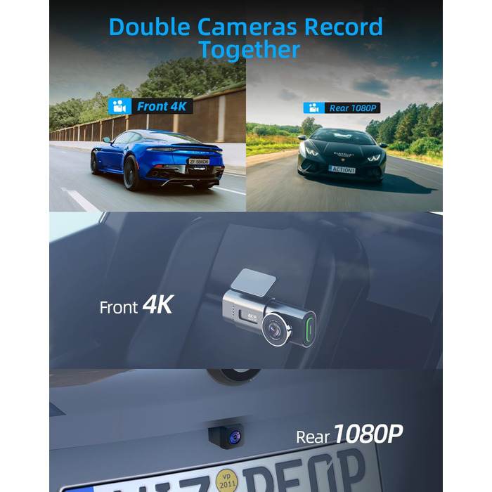 Відеореєстратор у машину 4K+1080P з двома камерами, 64GB SD-карта, 170°+140° кут огляду, нічне бачення, WDR, G-сенсор, Loop-запис, паркувальний режим