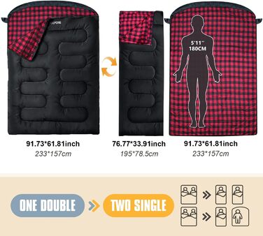 Спальний мішок для двох дорослих з флісу, зимовий, з подушками та сумкою для транспортування, 233*157 см, червоний