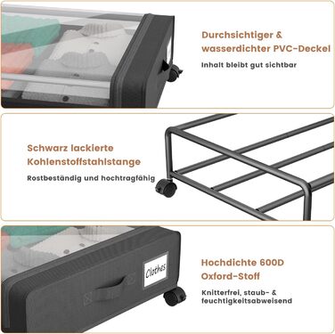 Коробки для зберігання під ліжко PHINOX з колесами, 2 шт (74x42x16 см) - місткі контейнери для одягу, взуття, іграшок з прозорою кришкою