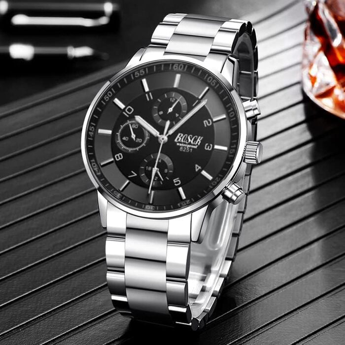 Годинник наручний чоловічий BOSCK, 40 мм, автоматичний календар (дата та день тижня), водостійкий, сталевий, чорний/сріблястий