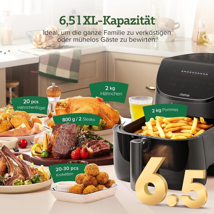 Аерофритюрниця Chefree з віконцем, 6.5 л, 8-в-1, 6-7 порцій, з термощупом, таймером, антипригарна, для посудомийки, чорна, AF500