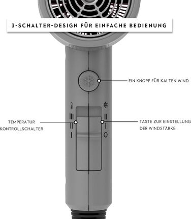 Фен AINA з дифузором для волосся | Іонська технологія, керамічне покриття, холодний струмінь | Швидке сушіння та блиск, 230V~ (Сірий)