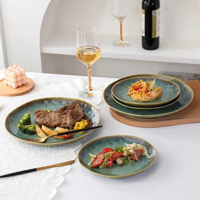 Henten Home 4-Piece Stoneware Plate Set, Green Dessert Plates, Breakfast Plates, Flat Cake Plates, Salad Plates Set for 4 People, Dinner Plate Set