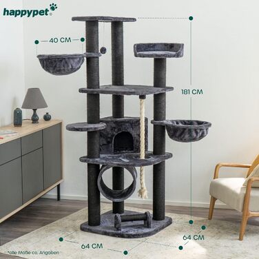 Кігтеточка для котів HAPPYPET 181 см - велика, стійка, з будинком та тунелем, ліжечка, іграшки, антрацит