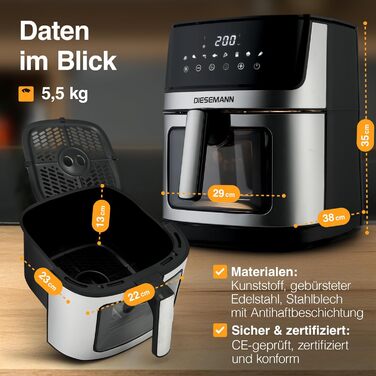 Фритюрниця повітряна DIESEMANN XXL 7.3L – 2000W з 2 нагрівальними елементами (верхній та нижній нагрів), вікно огляду та 8 програмами – для смаження, випікання та грилю без олії