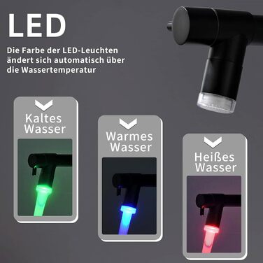 Чорний кухонний змішувач LED з висувною лійкою, поворотний на 360°, з спіральною пружиною, однорідний, для високого тиску, з висувною насадкою, з LED-підсвічуванням