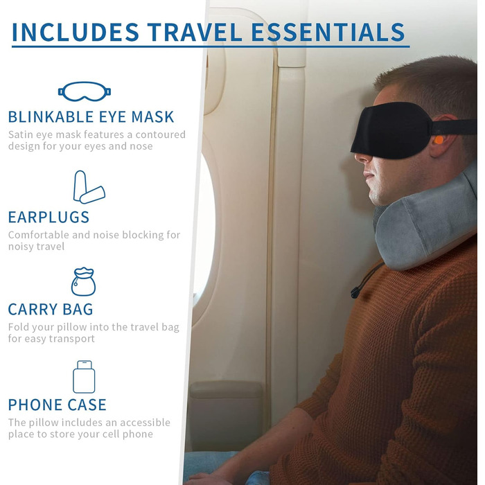 Подушка для шиї у літак - Подушка для подорожей Memory Foam - Подушка-вишенка для дорослих - з 3D-маскою для сну та навушниками - ідеальна для літака, авто, дому, офісу, сіра