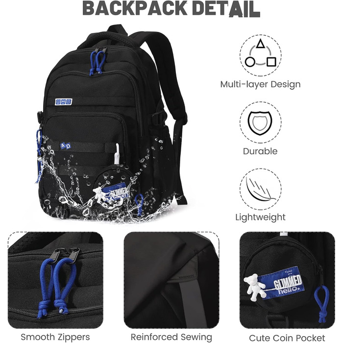 Шкільний рюкзак для дівчаток-підлітків, водонепроникний, легкий, великої місткості, модний, для школи або подорожей (чорний)