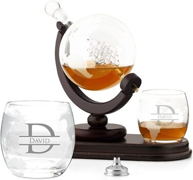 Maverton Whisky Decanter with Engraving - Globe with Ship, 850 ml - 2 Whisky Glasses Set - Whisky Decanter - Christmas Gifts - Personalized Birthday Gift for Men - Engraving