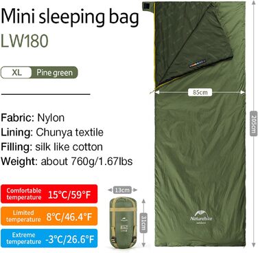 Спальний мішок Naturehike Ultraleicht: ультралегкий, 3-сезонний, 190x75/205x85 см, 680/760 г, для походів, кемпінгу, рюкзаків, 15°C, зелений XL