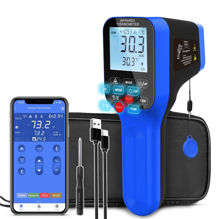 Інфрачервоний термометр AIOMEST з логуванням даних через APP, промисловий IR пірометр 1600°C | Оптика 30:1 з подвійним лазером | Температурна пістолета для вимірювання температури для HVAC, промислових печей, кузень та піци | Bluetooth-з'єднання