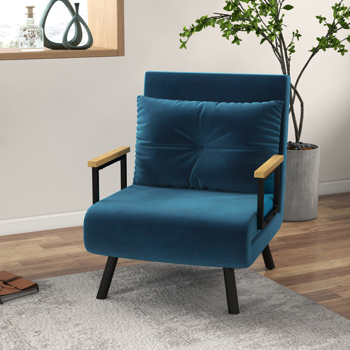 HOMCOM Sleeper Sofa Recliner Bed Function Guest Bed Velvet Backrest Cushion Adjustable Backrest Blue 63x73x81cm | Aosom